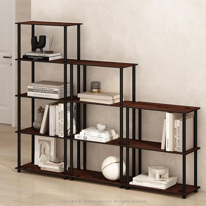Furinno Turn-N-Tube 5-Tier Multipurpose Compact Bookcase, Dark Cherry/Black-NeatNest