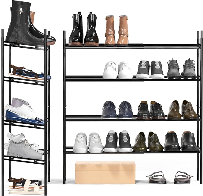 Simple Houseware 4-Tier Expandable and Stackable Shoe Racks with Shelves for 16 Pairs of Shoes, Black-NeatNest
