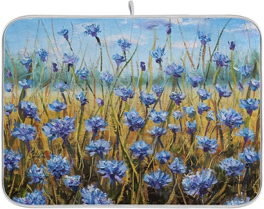 Absorbent Dish Drying Mat for Kitchen Counter - Oil Painting Flowers Microfiber Drying Pad, Reversible Drainer Mats for Countertop, Small 16" x 18"
