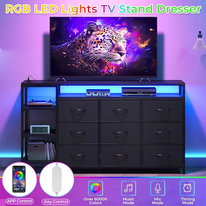 60 inch TV Stand Dresser for Bedroom with LED Lights & Charging Station, 9 Fabric Drawers, Entertainment Center with Drawers & Open Shelves for Living Room, Bedroom, Black-NeatNest