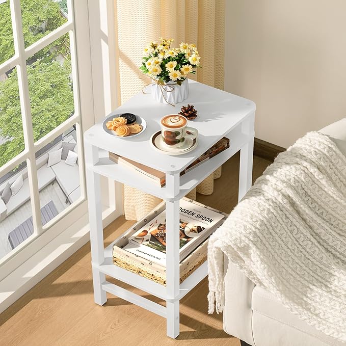 28in Tall Side Table Set of 2, 3-Tier Small Narrow End Table for Couch, Skinny Nightstand for Small Space, Farmhouse Slim Night Stand with Storage, Wooden Frame Thin Bedside Table, White