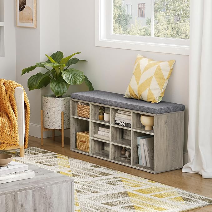 DINZI LVJ Shoe Bench, 12 Cubbies Shoe Organizer for Entryway, Storage Bench with Cushion, Cubby Shoe Rack with Adjustable Shelves for Living Room, Bedroom, Mudroom, Hallway, Gray Wash-NeatNest