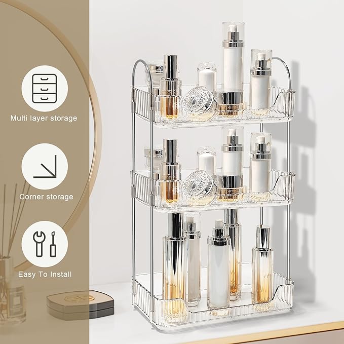 Bathroom Counter Organizer Countertop Storage Skincare Countertop Makeup Organizer Cosmetics Skincare Organizers Holder for Perfume-Clear White-Silver Pole-3 Tier-NeatNest