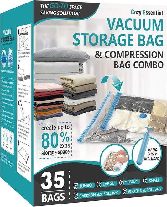 35 Pack Space Saver Bags (5 Jumbo/6 Large/6 Medium/6 Small/6 Roll-M/6 Roll-S) Compression Storage Bags for Comforters and Blankets, Vacuum Sealer Bags for Clothes Storage, Hand Pump Included-NeatNest