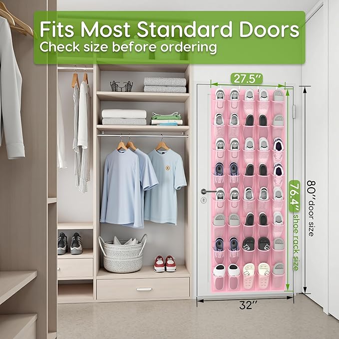 Unjumbly Over the Door Shoe Organizer with 40 Large Breathable Mesh Pockets, Space Saving Shoe Holder, Hanging Shoe Rack for Entryway Bedroom Closet Storage (Pink, 40 Pockets)-NeatNest