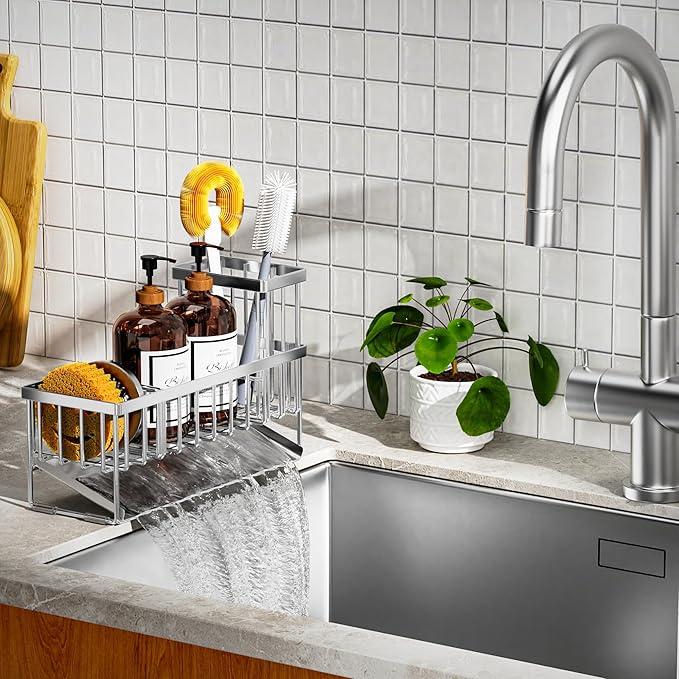 Cisily Extra Large Silver Kitchen Sink Caddy Organzier with High Brush Holder, Sponge Holder for Sink, 304 Rustproof Stainless, Kitchen Countertop Soap Dispenser Organizer For Decor and Accessories-NeatNest