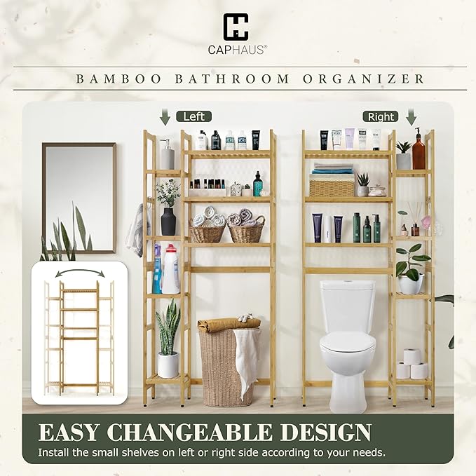 CAPHAUS Over The Toilet Storage Shelf,7-Tier Bamboo Bathroom Organizer Shelf Rack Over Toilet with Adjustable Feet & Hooks, Freestanding Toilet Shelf for Bathroom Laundry Balcony Plant Stand,Natural-NeatNest
