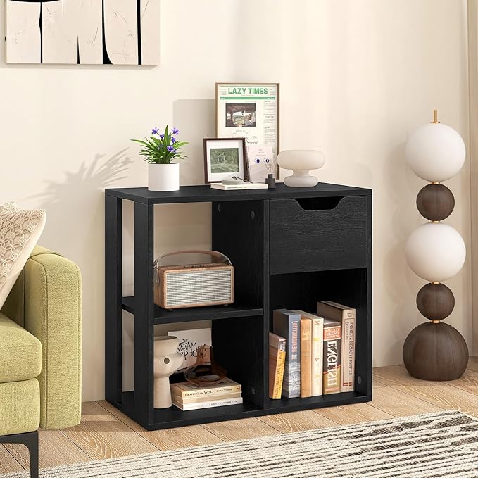 Giantex 3 Cube Bookcase with Drawer Set of 2, 2 Tier Bookshelf for Small Spaces, Modern Freestanding Display Rack with Open Shelves, Book Case, Wood Cube Storage Organizer Bedroom Living Room, Black