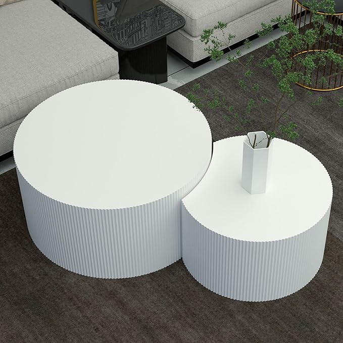 KEVINSPACE Coffee Table Set of 2 Modern, Living Room Nesting Table Round 2-Piece, No Assembly Required Wooden Circle End Table Set Accent Furniture for Bedroom Balcony Library,White