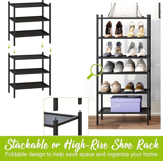 BMOSU 3-Tier Bamboo Small Shoe Rack Premium Stackable Shoe Shelf Storage Organizer for Hallway Closet Living Room Entryway Organizer(Black)-NeatNest