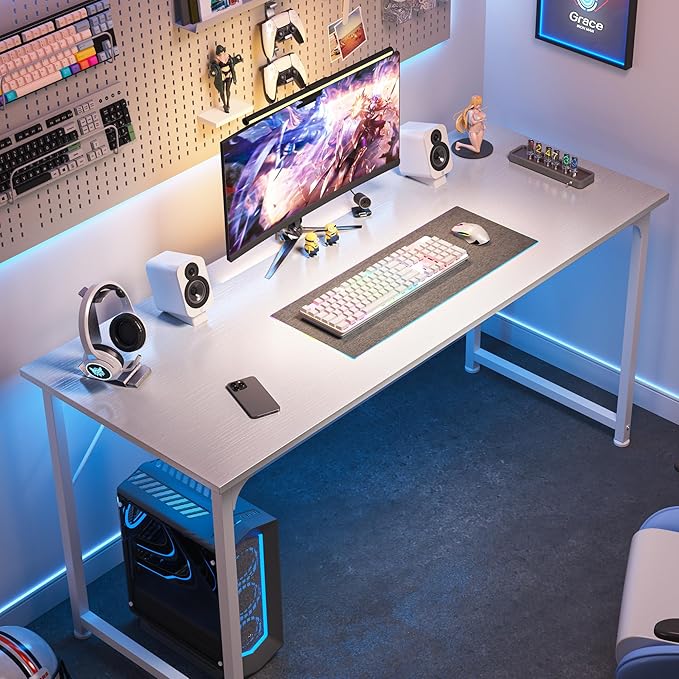 Huuger Computer Desk, 55 Inch Home Office Desk, Gaming Writing Work from Home Study Desk, Large Legroom, Sturdy Metal Frame, Modern Simple, White-NeatNest