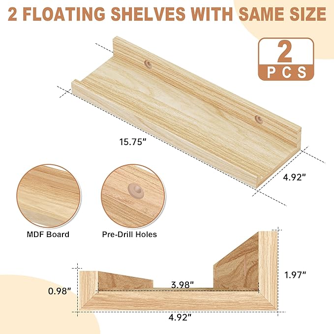 Floating Shelves Wall Mounted Set of 2,Wall Shelves for Decor Storage 15.7 Inch, Wall Mounted Wood Shelves for Bedroom, Living Room, Bathroom, Kitchen, Office, Natural-NeatNest