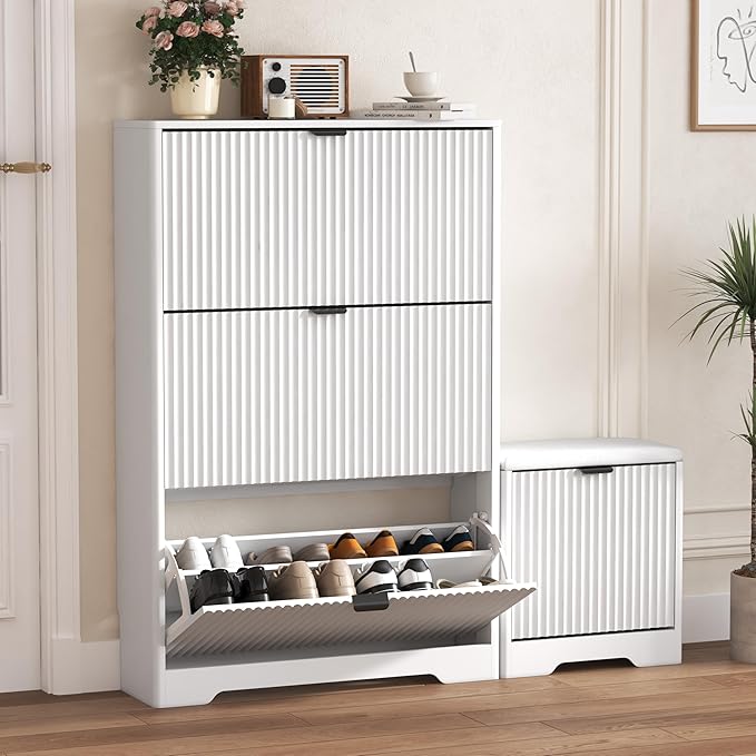 Shoe Cabinet Storage for Entryway with 4 Flip Drawers, White Fluted Shoe Cabinet with Bench, Wooden Hidden Shoe Rack Freestanding Narrow Slim Shoes Storage Organizer for Hallway, Entrance