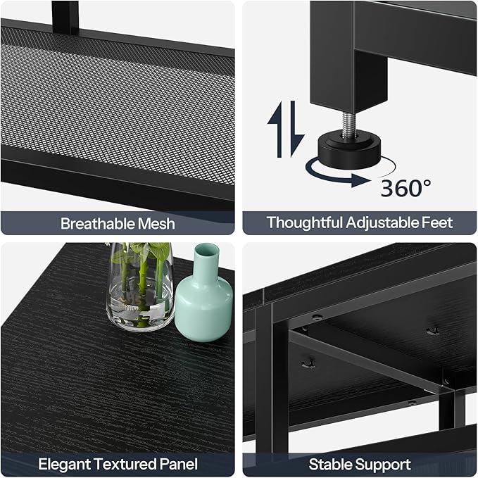 HOOBRO LED TV Stand with Charging Station, 4-Tier Entertainment Gaming Center, Modern Media Console Table, Open Shelves, 55.1"L x 13.8"W x 26.2"H, for TVs up to 65", for Living Room, Black BB47UDDS01-NeatNest