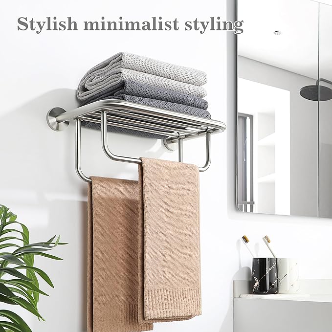 Alise Towel Rack for Bathroom,16 Inch Brushed Towel Holder for Lavatory,Towel Hanger with Double Towel Bars for Bath Wall,Wall Mount SUS304 Stainless Steel Towel Drying Storage Shelf,GYSJ9240-LS