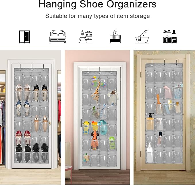 Over The Door Shoe Organizer - Space Saving Shoe Rack for Closet Door with 24 Pockets and Hook, Shoe Holder Back of Door Organizers for Shoes, Gray Hanging Shoe Organizer (Gray)-NeatNest