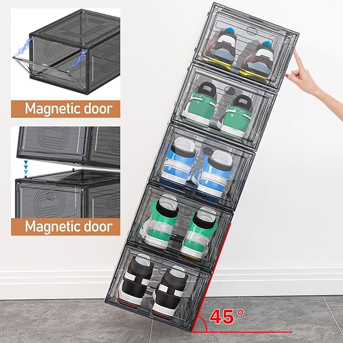 10 Pack Thicken Shoe Organizer Stackable,Upgraded Sturdy Shoe Storage Box with Magnetic Door,Shoe Containers For Sneaker Display,Hat Organizer,Black…-NeatNest