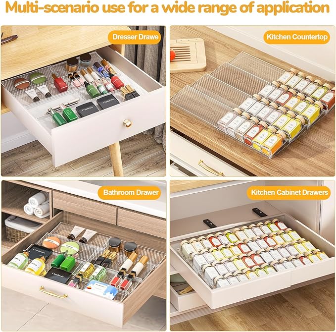 2-Tier Spice Drawer Organizer 4 Pack, Expandable from 11" to 22" Clear Acrylic Spice Rack for Drawer, Kitchen Spice Organization, Seasoning Organizer Holds Up to 48 Jars(Jars Not Included)-NeatNest