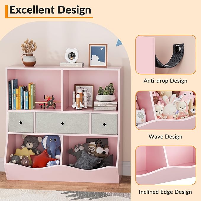IDEALHOUSE 7-Cubby Large Kids Toy Storage Organizer, Children Wood Bookcase and Bookshelf, 3-Tier Toy Storage Cabinet with 3 Drawers for Hallway, Playroom, Living Room, School,Pink