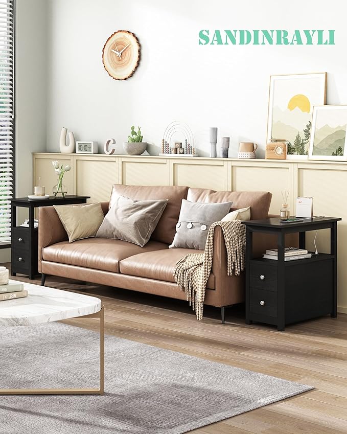 Sandinrayli End Table with Charging Station, Side Table with 2 Drawer & USB Ports & Power Outlets, Nightstand for Small Spaces, Bedside Tables for Living Room Black