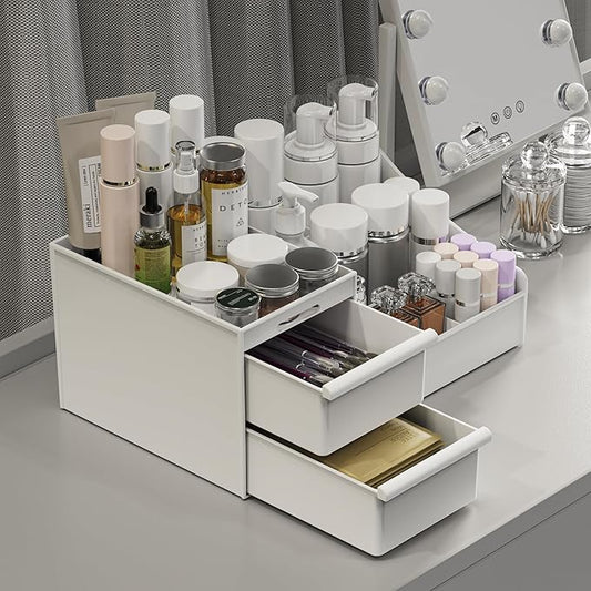 Makeup Organizer Countertop, Vanity Organizer with Drawers for Cosmetics, Skincare, Brushes, Perfume, Skincare Organizer for Vanity, Perfume Organizer for Dresser, Bathroom (White&2 Drawers)-NeatNest