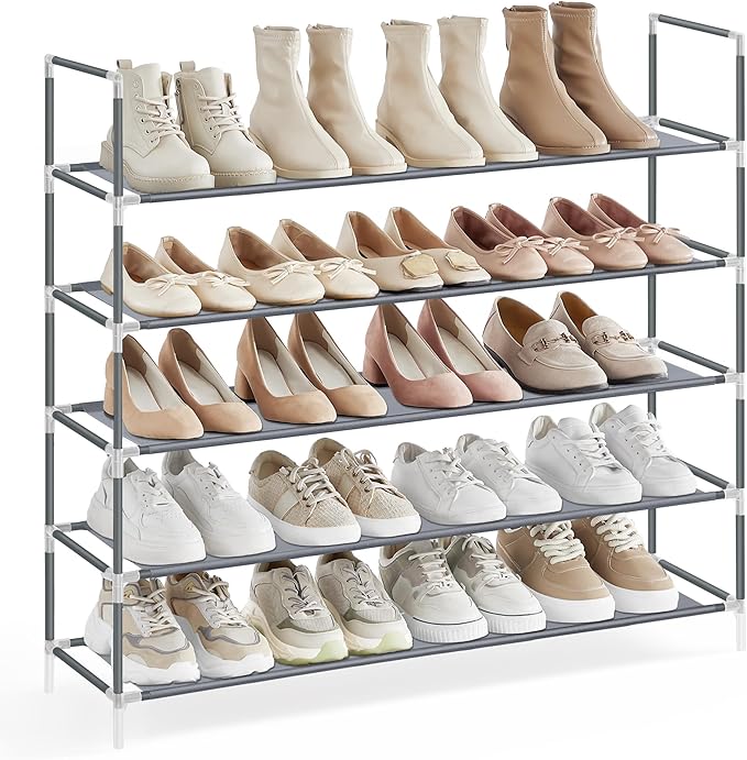 SONGMICS 5-Tier Shoe Rack, Shoe Storage for Hallway Closet, Slim and Space-Saving, Metal Frame, Non-Woven Fabric Shelves, Grey ULSH055G01V1-NeatNest