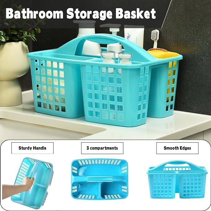 Haundry Plastic Shower Caddy Basket with 3 Compartments, Portable Divided Cleaning Supply Storage Organizer with Handle (Blue)-NeatNest