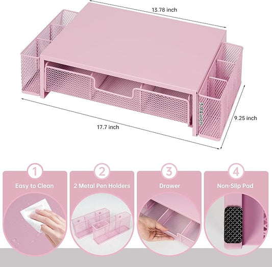 Computer Monitor Stand Riser with Drawer and Pen Holders, Desk Organizer Shelf and Accessories, Office Desk Accessories, Office Organization, Pink-NeatNest