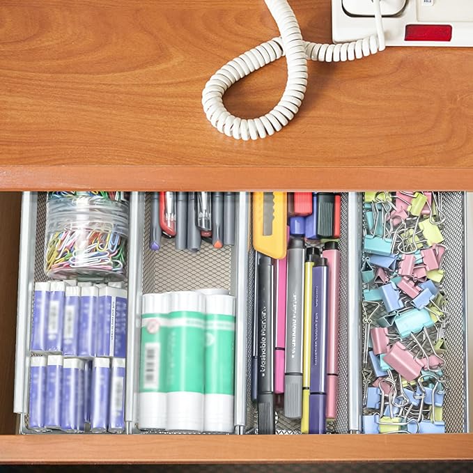 4PCS Drawer Organizer for Kitchen, Utensil Mesh Organizer With Interlocking Arm for Cosmetic, Flatware, Pen (9 * 3 * 2 Inches, Grey)-NeatNest