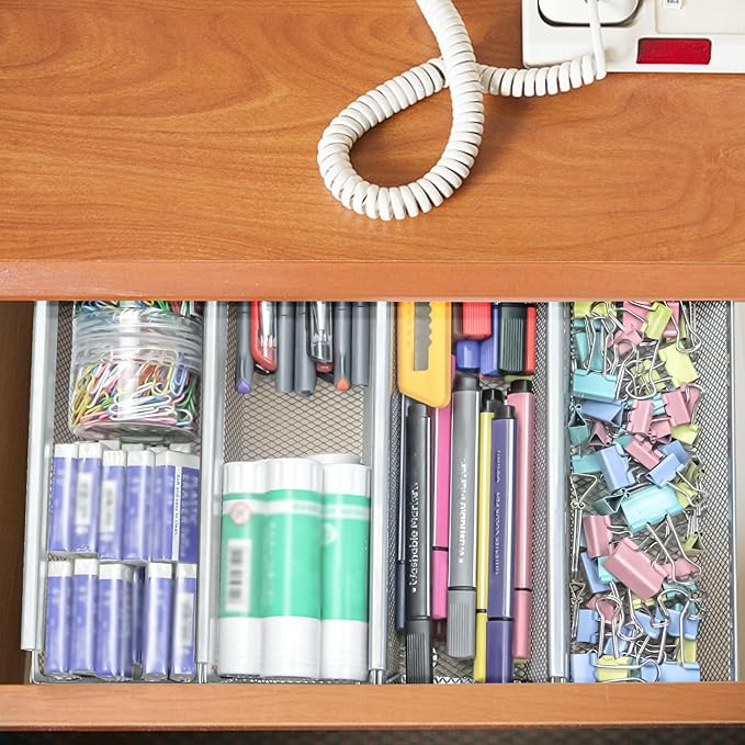 2PCS Drawer Organizer, Mesh Drawer Organizer with Interlocking Arm for Utensil, Cosmetic, Flatware, Pen (12 * 3 * 2 Inches, Grey)-NeatNest