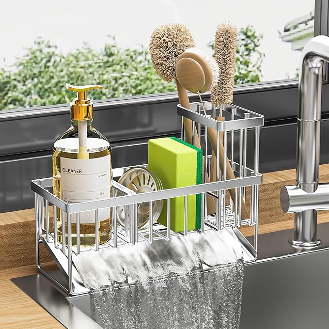 Cisily Sink Caddy Sponge Holder for Kitchen, 304 Stainless Steel Rustproof, Kitchen Sink Caddy with High Brush Holder, Dish Sponge Organizer with Divider(Silver)-NeatNest