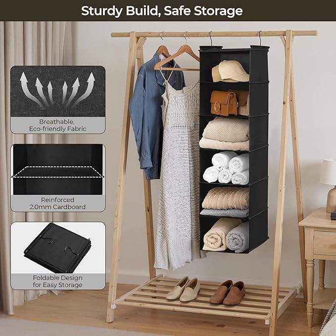 GRANNY SAYS 6 Shelf Hanging Closet Organizers and Storage, Collapsible Closet Hanging Organizer with 2 Sturdy Hooks, Large Hanging Shelves for Weekly Clothes Organizer, Black-NeatNest