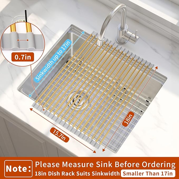 Golden Roll-UP Dish Drying Rack-Large Stainless Steel Dish Drainer Over The Sink for Kitchen Countertop, Applicable for Sink Width Less Than 16.5in (Gold,17.8'x 15.7')