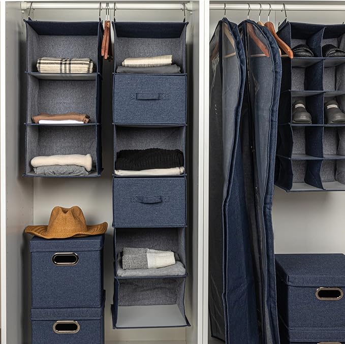 Household Essentials Hanging Cotton Blend Closet Organizer with 3 Storage Shelves, Denim-NeatNest