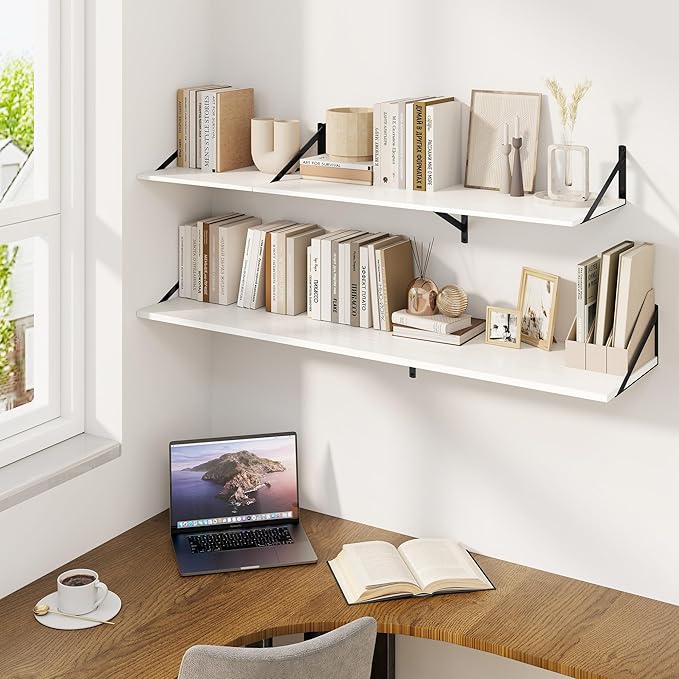 Fun Memories Floating Shelves for Wall, 12 Inch Deep Floating Shelves Set of 2, 48W x 12D Large Wall Shelf with Sturdy Metal Brackets for Living Room, Bathroom, Bedroom and Kitchen, White-NeatNest