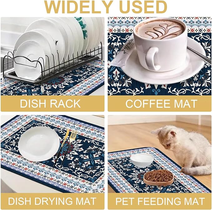 Boho Geometric Rug Dish Drying Mats Super Absorbent Dish Drainer Rack Pad Non-Slip Drying Mat for Kitchen Counter, 24"x16"-NeatNest