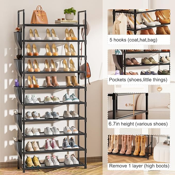 Tall Shoe Rack 10 Tier Shoe Organizer Racks for Closet Shoes Rack, Storage Metal Shoe Shelf with 5Hooks and Pocket,Sturdy Shoe Stand Tower Rack for Shoes-NeatNest