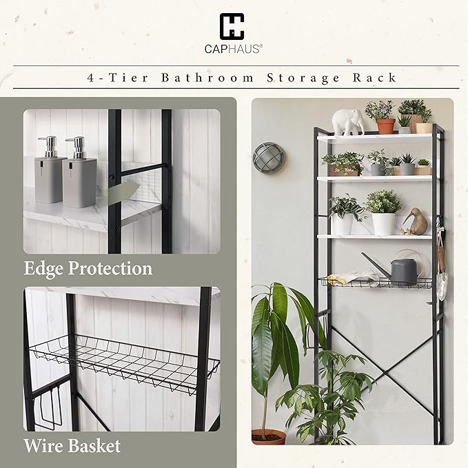 CAPHAUS Over The Toilet Storage, 4-Tier Bathroom Organizer, Freestanding Toilet Shelf, Multifunctional Space Saver Toilet Rack with 4 Hooks, Laundry Organizer, Plant Stand for Balcony (Marble White)-NeatNest
