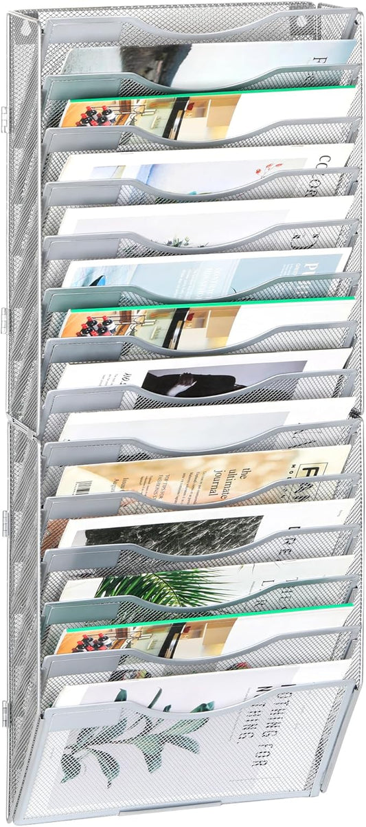 EasyPAG 14 Pocket Wall File Organizer, Silver | Metal Mesh Wall Mounted File Holder | Assembly Hanging Mail Organizer | Replaceable Classify Labels | Office Home Letter Size Paper Storage