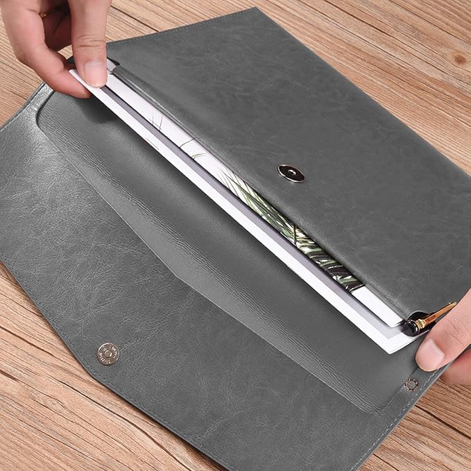 Enyuwlcm PU Leather A4 File Folder Document Holder Envelope Folder Case with Snap Closure for Receipt Contract Gray