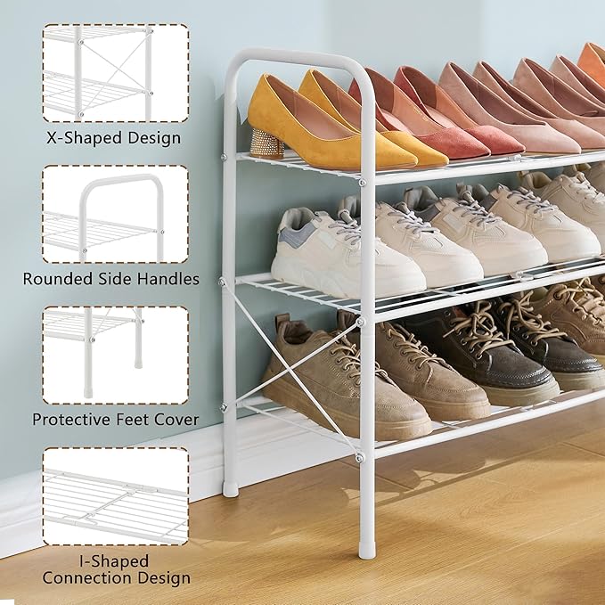Hoctieon 3 Tier Mesh Style Shoe Rack, Entryway Shoe Shelf, Shoe Storage Organizer, Shoe Rack for Closet, Space Save for Bathroom, Garage, Hallway, Bedroom, Living Room, White-NeatNest