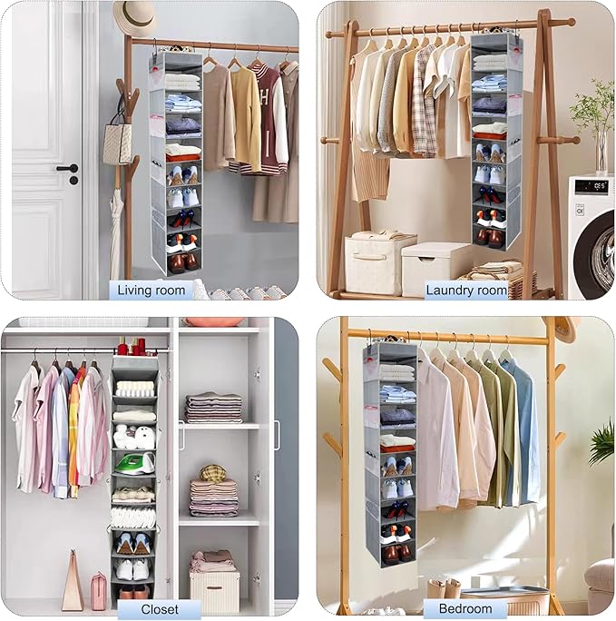 2 Pack Large-Sized Hanging Shoe Organizer 10-Shelf, Sturdy Hanging Closet Organizer with 8 Side Pockets, Wider Hanging Shelves for Storage Shoes Clothes Jeans Shirts Toys, Grey.-NeatNest