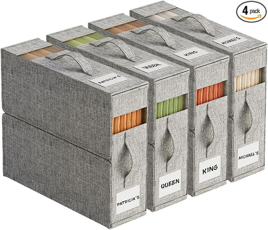 4Pack Sheet Organizers and Storage with Handles – Foldable Linen Closet Storage for King & Queen Sheet Sets – Clear Window & Removable Labels – Dustproof & Space-Saving Design, Grey-NeatNest