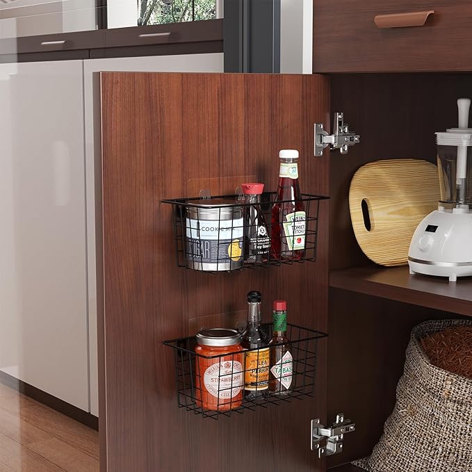 MaraFansie Hanging Kitchen Baskets Wire Storage Basket Adhesive and Screws Basket Over the Cabinet Door Organizer with Adhesive Strips and Screws Accessories, 2 Installations, 2 Pack-NeatNest