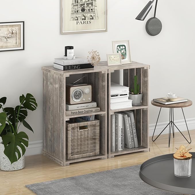 Giantex 2-Cube Bookcase Set of 2, 3-Tier Paulownia Wood Cubic Organizer w/Open Back, Freestanding Cubby Storage Shelf, Slatted Wooden End Table, Farmhouse Style Bookcase for Living Room, Bedroom