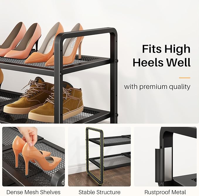 Shoe Rack - Expandable Shoe Organizer for Closet, Adjustable Metal Shoe Shelf Storage, 2 Tier Stackable Long Shoe Stand Holder for Garage, Entryway, Door Entrance, Black-NeatNest