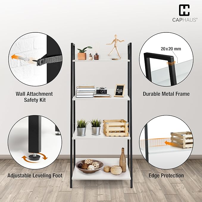 CAPHAUS 4 Tier Ladder Bookshelf, 24 Inch Width Free Standing Shelf, Bookcase Shelf Storage Rack Organizer, Industrial Book Shelves for Home Office, Living Room, Kitchen, White Wooden Shelves-NeatNest