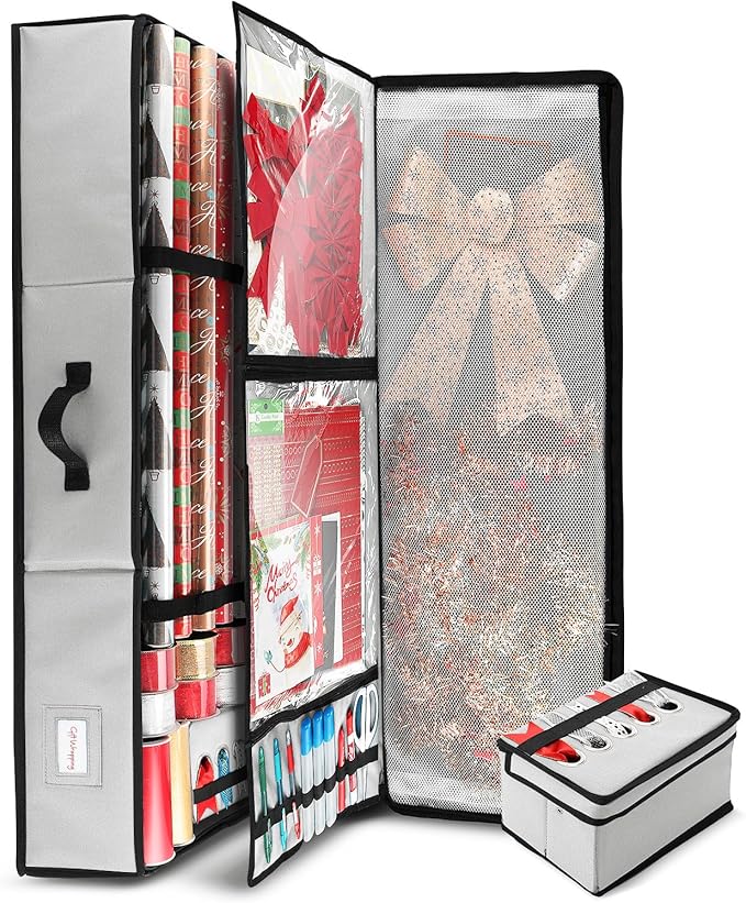 Hearth & Harbor Wrapping Paper Storage Container - Christmas Storage Bag with Ribbon Dispenser and Interior Pockets - Gift Wrap Organizer Fits Up to 26 Rolls of 40" Length, Silver-NeatNest