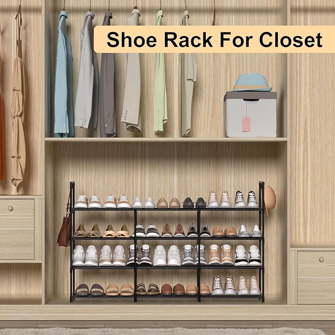 3-Row 4-Tier Shoe Rack, Black Metal Stackable Shoe Shelf with Multifunctional Hooks, Hold 24-30 Pairs, Space Saving Shoes Organizer for Closet,Show Rack-NeatNest