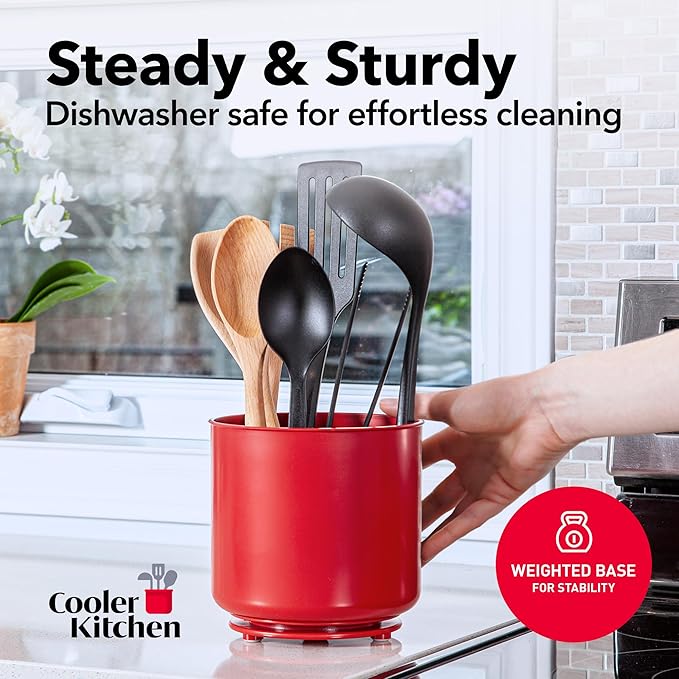 Extra Large Rotating Red Utensil Holder with Sturdy No-Tip Weighted Base, Removable Divider, and Gripped Insert | Rust Proof and Dishwasher Safe Kitchen Utensils Holder by Cooler Kitchen 7*7 Inches-NeatNest